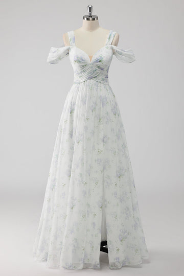 Floral blanc épaule froide une robe d’invité de mariage ligne avec fente